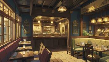 restaurante restaurante com de madeira mobília gráfico romance animê mangá papel de parede foto