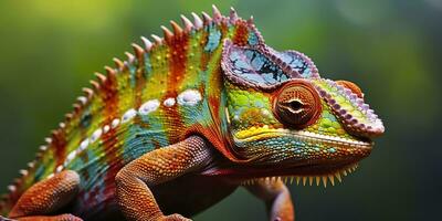 uma colorida fechar acima camaleão com uma Alto crista em Está cabeça. generativo ai foto