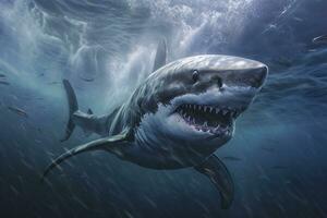 a rei do a oceano, a ótimo branco masculino Tubarão caçador embaixo da agua visualizar, guadalupe ilha, México. ai generativo foto