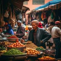 intrigante imagem do uma local mercado dentro marraquexe, Marrocos, movimentado com vendedores e compradores foto