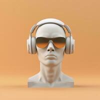 mínimo cena do oculos de sol e fones de ouvido em humano cabeça escultura, música conceito, 3d Renderização. ai generativo foto