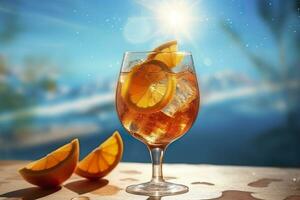 aperol spritz verão beber dentro vidro com sombras, tropical fundo. generativo ai foto