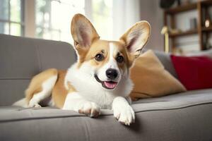 lindo, inteligente, calma de raça pura corgi cachorro deitado em em sofá dentro vivo sala. generativo ai foto