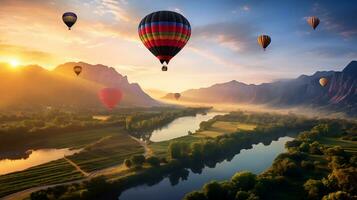 quente ar balão sobre uma panorama do rios e montanhas generativo ai foto