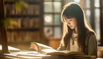 ásia menina lendo uma livro dentro a biblioteca foto