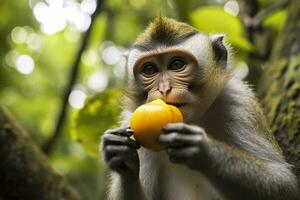 fechar acima do macaco comendo fruta dentro a selva. generativo ai foto