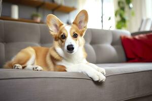 lindo, inteligente, calma de raça pura corgi cachorro deitado em em sofá dentro vivo sala. generativo ai foto