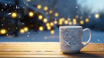 Natal caneca com quente beber em borrado fundo com bokeh efeito. ai gerado. foto