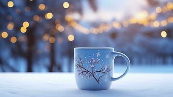 Natal caneca com quente beber em borrado fundo com bokeh efeito. ai gerado. foto