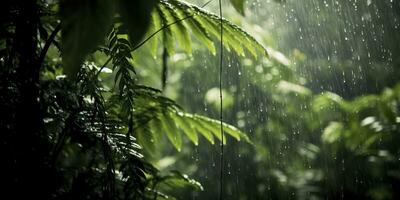 chuva cai dentro uma floresta tropical com a chuva gotas. generativo ai foto