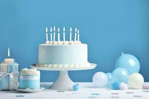 aniversário bolo com velas e doces em branco mesa perto azul muro. generativo ai foto