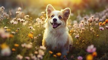 encantador corgi cachorro com flores dentro a Primavera. generativo ai foto