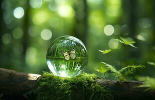 borboleta e cristal bola em uma árvore toco dentro a floresta, natural verde fundo. generativo ai foto
