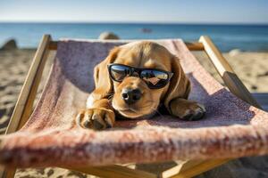 cachorro cachorro vestindo oculos de sol, deitado em uma espreguiçadeira para banho de sol às a de praia mar em verão férias, feriados. engraçado conceito. ai generativo foto