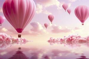 brilhante Rosa etéreo nublado paisagem, corações, rosas, balões, e Casamento conceito. generativo ai foto
