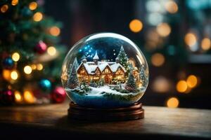 ai generativo vibrante acolhedor deslumbrante inverno Natal árvore dentro Claro cristal bola foto