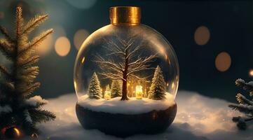 ai generativo vibrante acolhedor deslumbrante inverno Natal árvore dentro Claro cristal bola foto