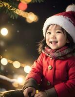 ai generativo, fofa criança dentro santa claus traje em borrado Nevado Natal véspera fundo foto