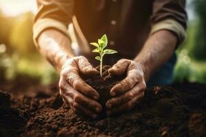 mãos do Senior homem segurando verde plantinha crescendo dentro fertil solo, agricultor mãos plantio sementes dentro solo. jardinagem e agricultura conceito, ai gerado foto