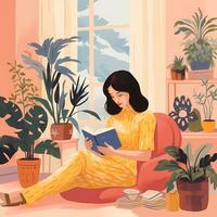 ai gerado mulher lendo uma livro ou estudando com plantas dentro a casa. rato de biblioteca. Eu amor leitura. foto