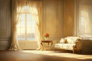 lindo vivo quarto dentro uma clássico estilo. mobília, brilhante luz dentro a janela Sol foto