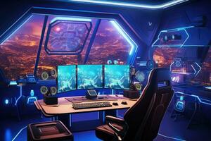 nave espacial interior com uma Visão do a cidade. 3d Renderização, futurista jogos quarto com uma muitos do jogos equipamento. 3d Renderização, ai gerado foto