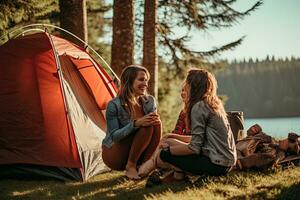 dois jovem mulheres sentado em a Relva perto a acampamento barraca e conversando, amigos desfrutando uma verão acampamento, topo seção cortado, lado visualizar, ai gerado foto