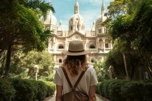 traseiro Visão do uma jovem mulher vestindo uma Palha chapéu e uma branco camiseta é em pé dentro frente do a notre dame de Paris, França, fêmea turista passeios turísticos às st Joseph catedral, traseiro visualizar, ai gerado foto