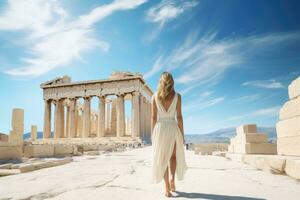 jovem mulher dentro branco vestir em a ruínas do a acrópole do Atenas, Grécia, fêmea turista em pé dentro frente do a partenon, traseiro visualizar, cheio corpo, ai gerado foto