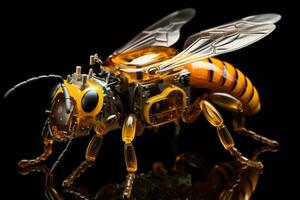 fechar acima do uma abelha brinquedo. isolado em Preto fundo, geneticamente modificado robótico querida abelha, ai gerado foto