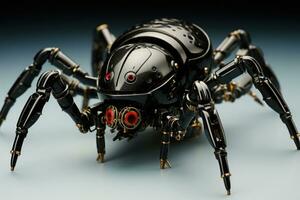 3d Renderização do uma Preto robô com Preto corpo e vermelho olhos, geneticamente modificado robótico Preto aranha, ai gerado foto