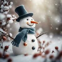 boneco de neve com cachecol e chapéu em Nevado fundo. Natal cartão. em uma fundo do uma inverno panorama gerar de estábulo difusão ai foto