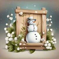 boneco de neve com cachecol e chapéu em Nevado fundo. Natal cartão. em uma fundo do uma inverno panorama gerar de estábulo difusão ai foto