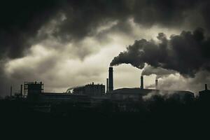 uma Preto e branco imagem do fumaça chegando Fora do uma fábrica, ar poluição, global aquecimento, generativo ai foto