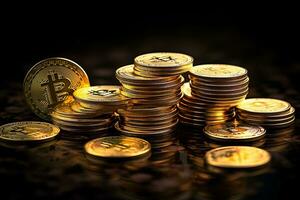 uma pilha do dourado bitcoins em topo do uma Preto mesa, bitcoins em uma Sombrio fundo, generativo ai foto