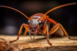 uma fechar-se do uma barata em uma peça do madeira, uma macro imagem do uma barata, generativo ai foto