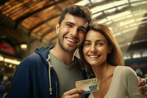 casal turista segurando crédito cartão em bokeh cidade fundo foto