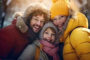 uma família dentro inverno roupas carrinhos e chats dentro frente do uma casa dentro inverno foto