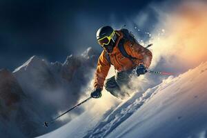 esqui atleta é esquiar em a Nevado montanhas dentro inverno foto