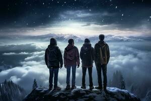 feliz família viajando em Nevado montanha pico dentro inverno foto