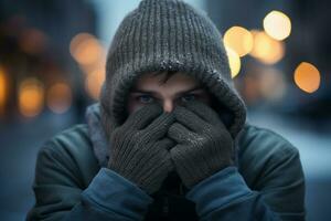 homem com luvas em cobertura dele face dentro inverno dentro uma cidade em a moda estilo bokeh fundo foto