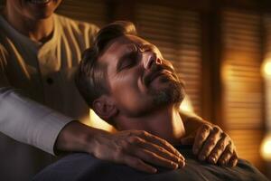 homem alegremente massageando ombros dentro spa em uma bokeh estilo fundo foto