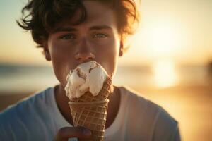 masculino turista segurando a gelo creme cone às a mar dentro a dia foto