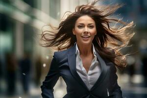 sorridente o negócio mulher corrida para trabalhos com inspiração dentro publicidade conceito foto
