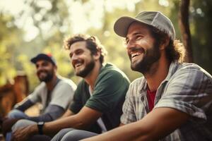 uma grupo do masculino turistas estão tendo uma piquenique e falando dentro a floresta durante a dia foto