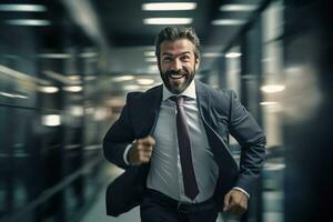 sorridente masculino homem de negocios corrida para trabalhos com inspiração dentro publicidade conceito foto