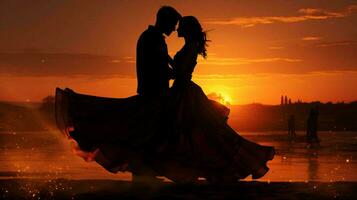 silhueta do uma casal do recém-casados dentro amor às pôr do sol contra a fundo do uma rio, a conceito do Casamento e amor foto