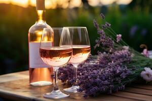 lavanda vinho, dois óculos e uma ramalhete do lavanda em a mesa contra a pano de fundo do natureza dentro a raios do pôr do sol. romance. foto