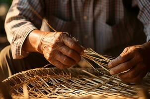 bambu cesta, mãos criando uma lindo construir com natural materiais foto