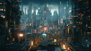 zangão Visão do uma detalhado cyberpunk cidade foto